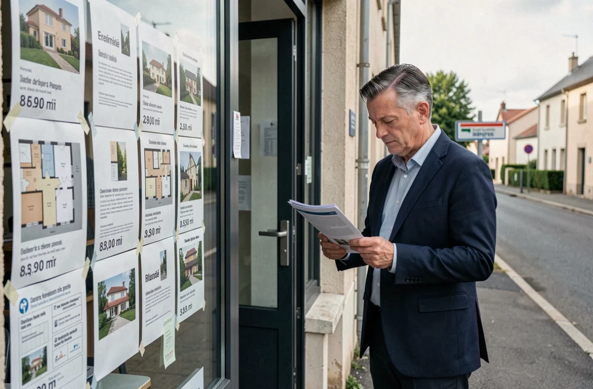 Vitrine d'une agence immobilière en banlieue parisienne affichant des annonces de vente avec prix au mètre carré
