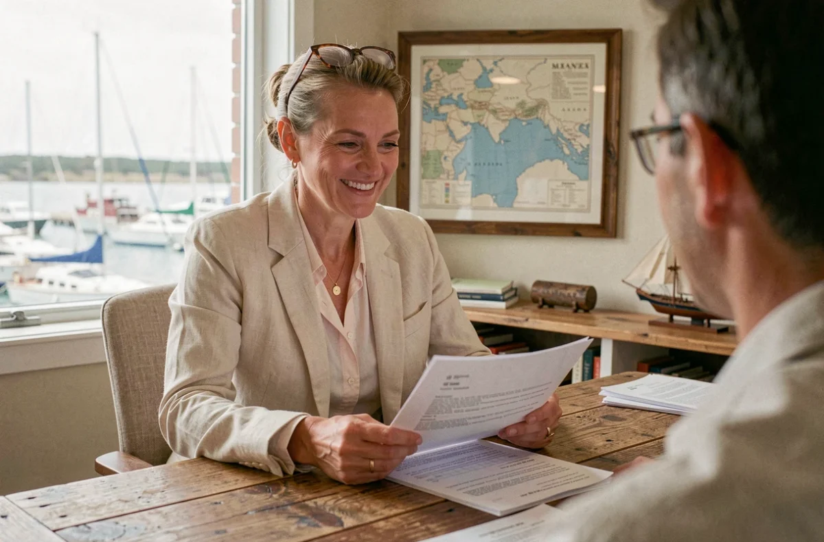 La directrice de l'Agence Marina accueillant un copropriétaire dans son bureau avec vue sur le port