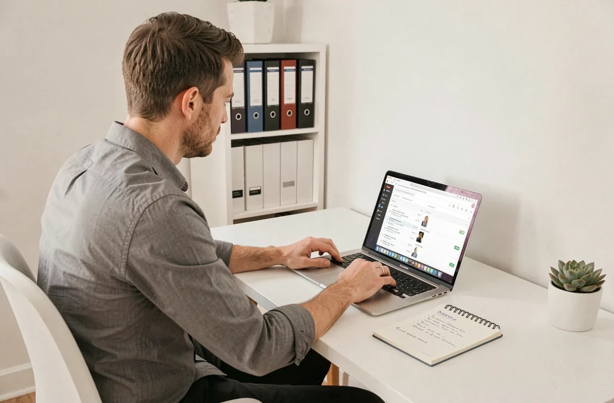 Agent immobilier IAD travaillant depuis son bureau à domicile avec l'intranet conseiller ouvert sur laptop