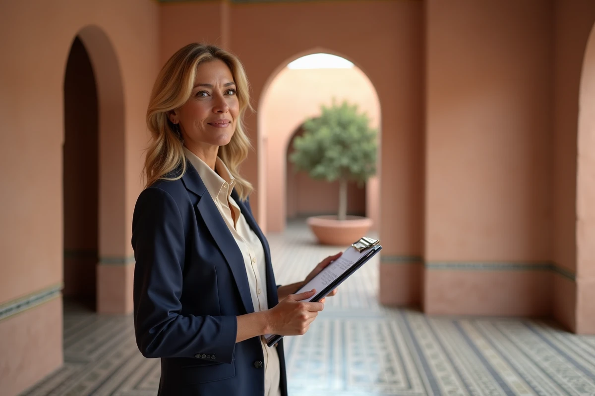 Agent immobilière présentant un appartement à vendre à Marrakech avec carrelage zellige et arches traditionnelles