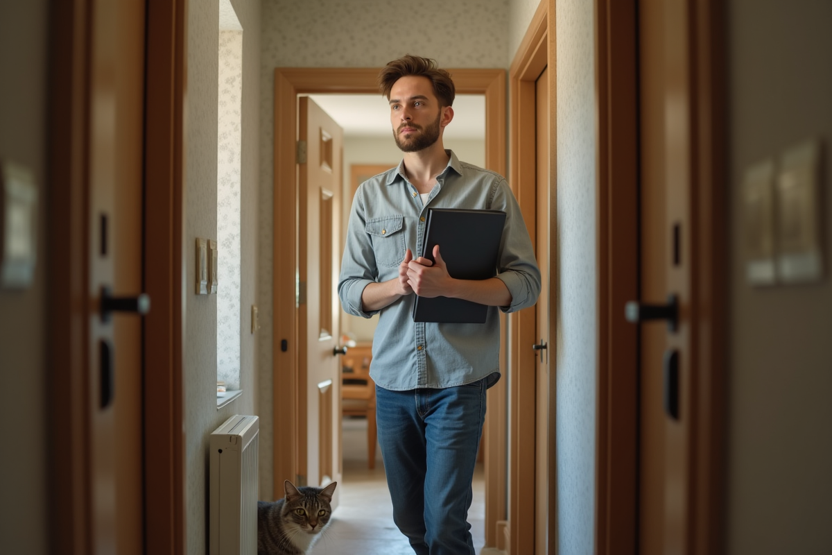 Agent immobilier discutant avec un locataire et son chat