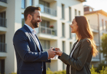 Agent immobilier remettant les clés à un couple souriant devant un immeuble moderne