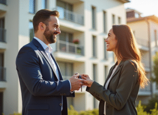 Loi Duflot : Comment éviter cette réglementation ? Agent immobilier remettant les clés à un couple souriant devant un immeuble moderne
