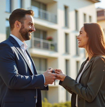 Loi Duflot : Comment éviter cette réglementation ? Agent immobilier remettant les clés à un couple souriant devant un immeuble moderne