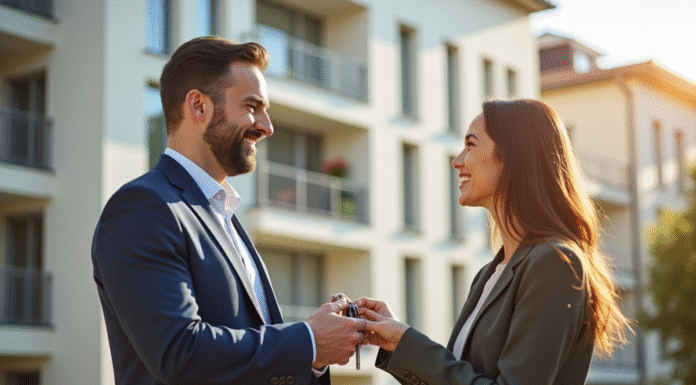 Agent immobilier remettant les clés à un couple souriant devant un immeuble moderne