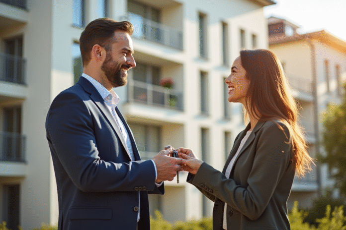 Agent immobilier remettant les clés à un couple souriant devant un immeuble moderne