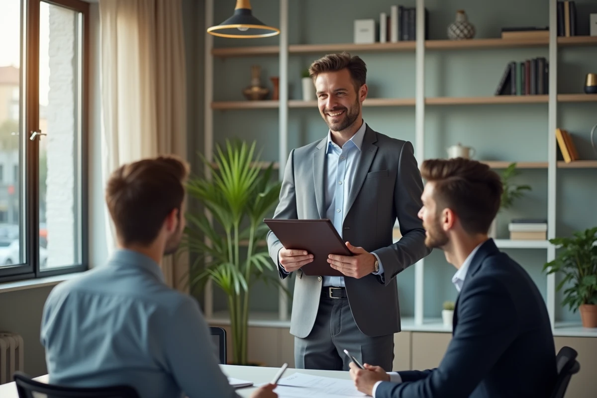 Agent immobilier en discussion avec un couple dans un bureau lumineux
