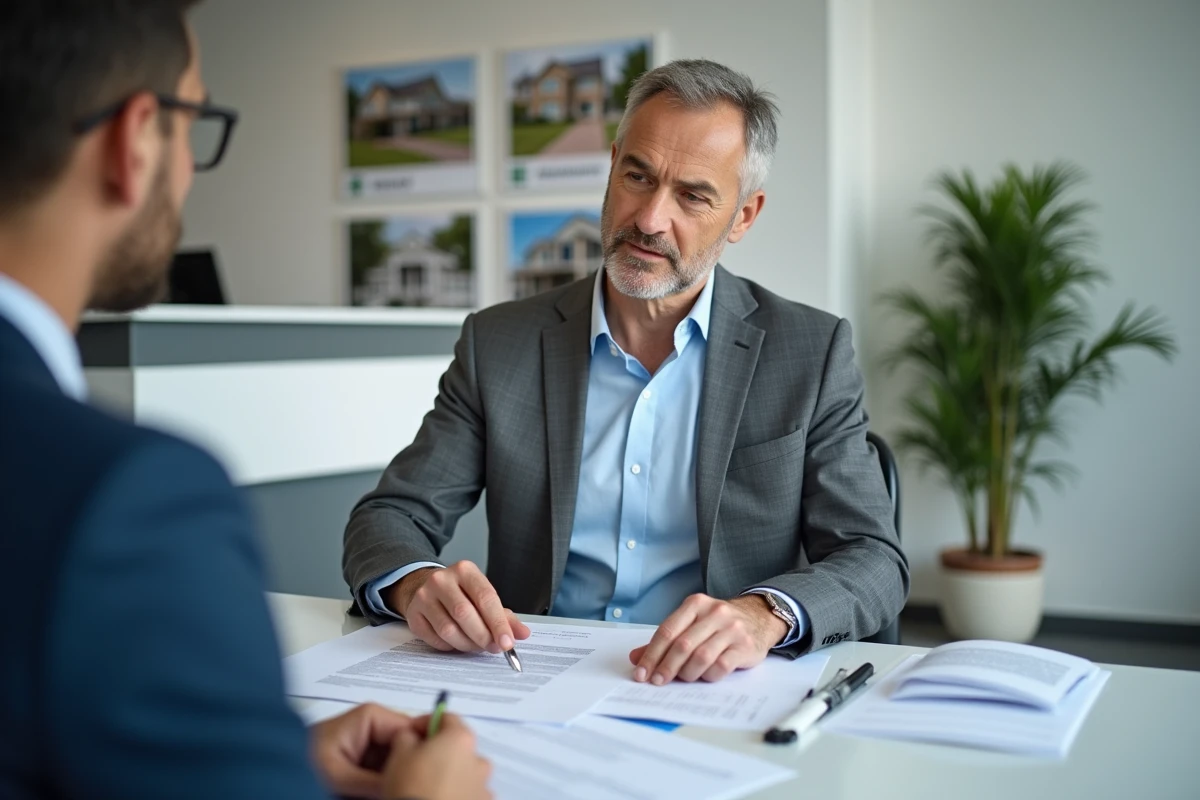 Agent immobilier examinant un dossier de location avec un candidat locataire pour une maison avec jardin