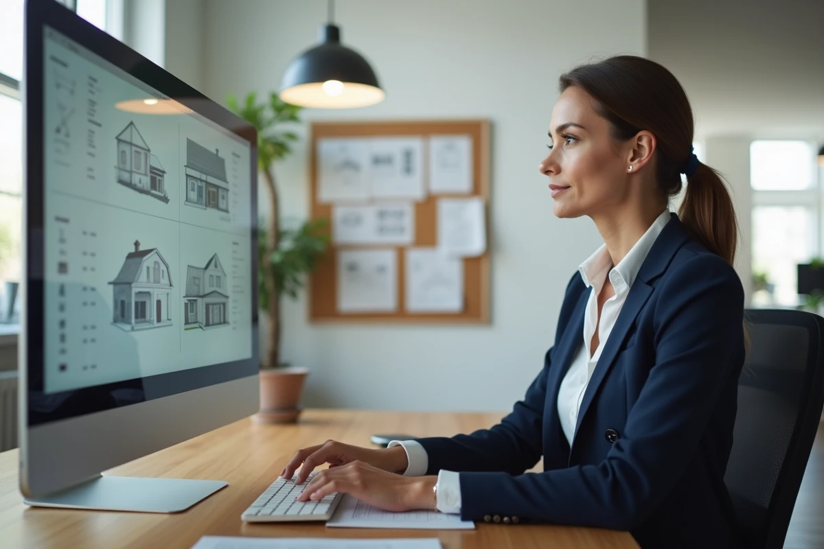 Agent immobilier analysant un logiciel d'estimation de prix sur ordinateur dans un bureau professionnel