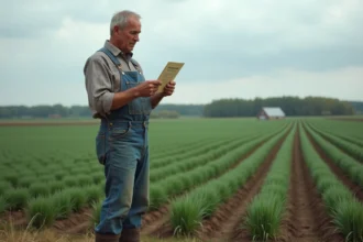 Agriculteur examinant un contrat de bail pour un terrain agricole en plein champ