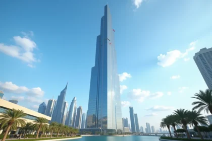 Vue extérieure de l'Almas Tower à Jumeirah Lakes Towers, gratte-ciel en verre emblématique de Dubai reflétant le skyline urbain
