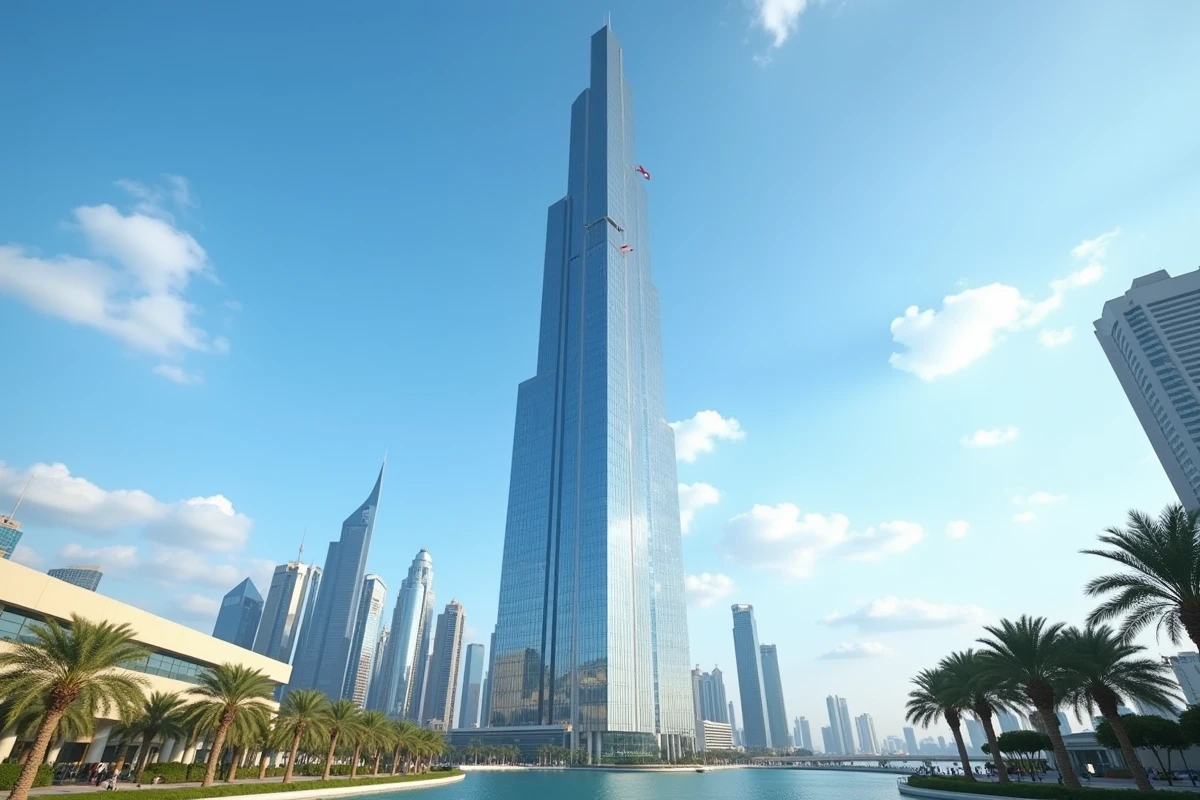 Vue extérieure de l'Almas Tower à Jumeirah Lakes Towers, gratte-ciel en verre emblématique de Dubai reflétant le skyline urbain
