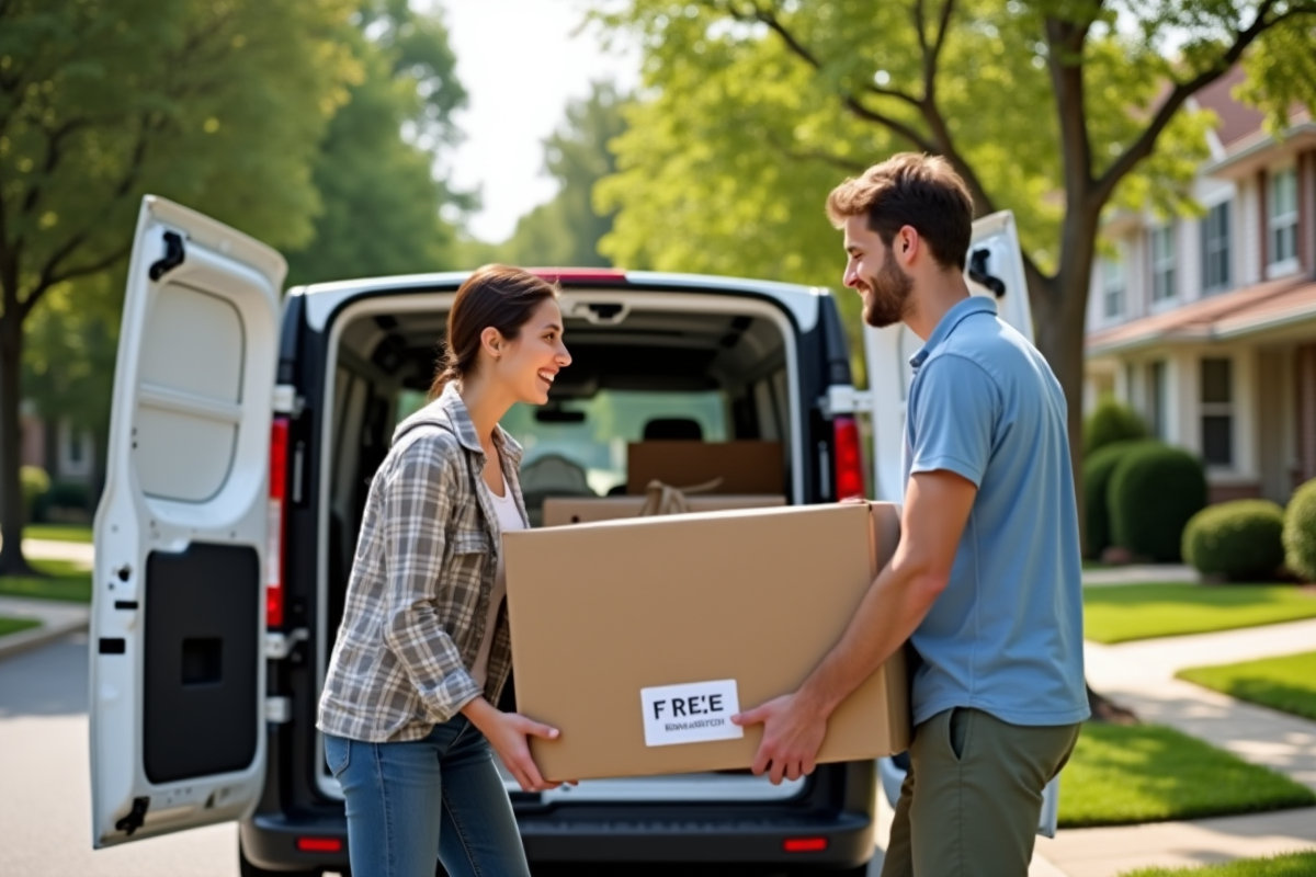 Amis chargeant des objets dans une camionnette avec aide gratuite