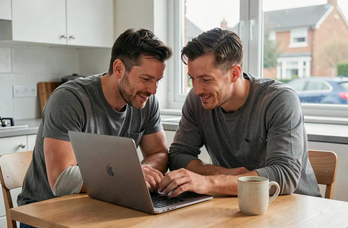 Couple de copropriétaires consultant un annuaire en ligne de syndics sur un ordinateur portable dans leur cuisine