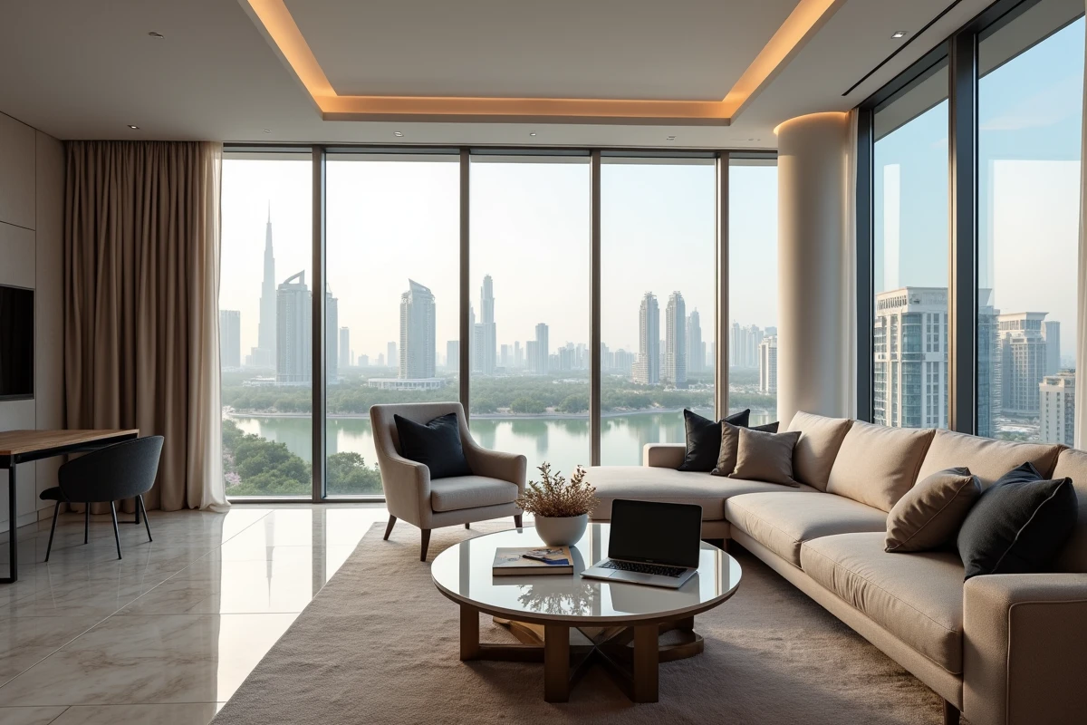 Appartement meublé haut de gamme avec vue panoramique sur les lacs artificiels de JLT Dubai, illustrant le potentiel locatif de l'Almas Tower