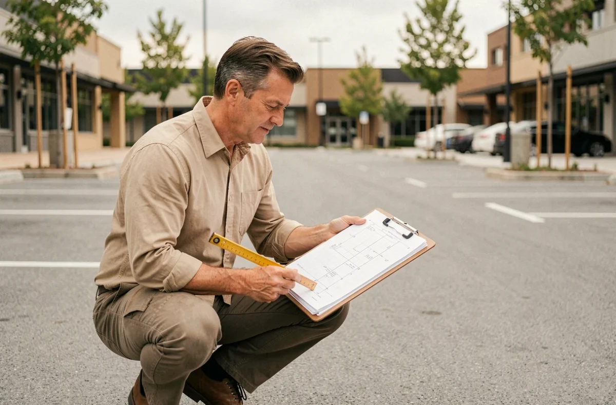 Architecte mesurant les dimensions d'une place de parking avec une règle et un plan technique dans un parking extérieur neuf