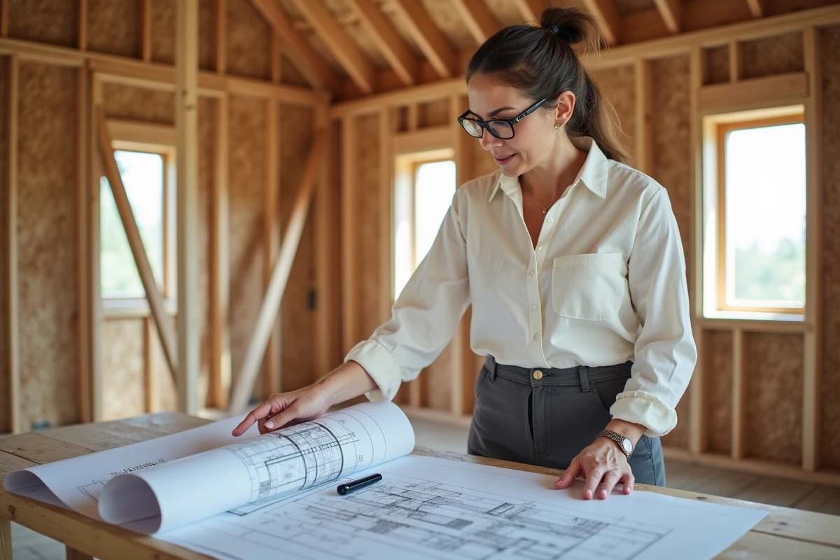 Architecte féminine analysant des plans de construction ossature bois dans une maison en charpente non terminée
