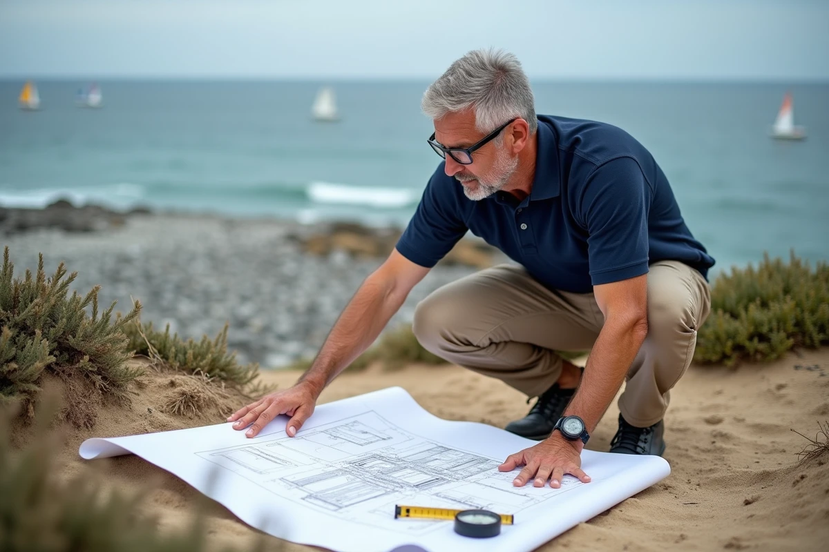 Architecte examinant des plans de construction sur un terrain côtier avec vue sur la mer en arrière-plan