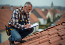 Couvreur homme en action sur le toit avec devis