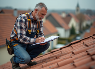 Tout savoir sur le tarif horaire de l’artisan pour une réfection de toiture Couvreur homme en action sur le toit avec devis