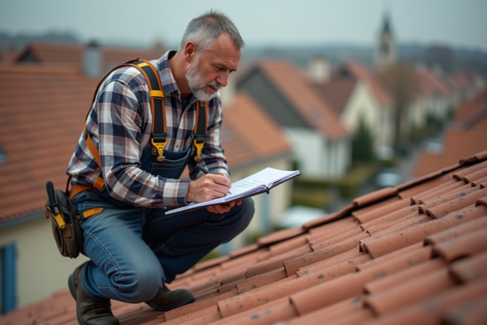 Couvreur homme en action sur le toit avec devis