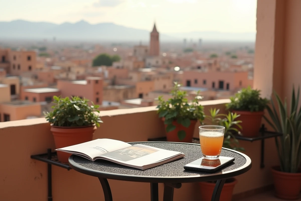 Balcon d'appartement à Marrakech avec brochure immobilière et vue panoramique sur la médina