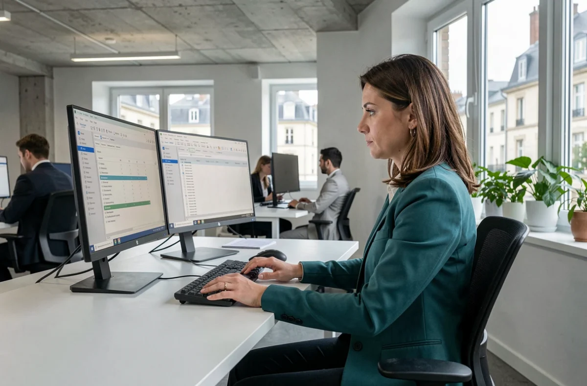 Une gestionnaire administrative de Billerimmo travaillant sur un logiciel de gestion de copropriété dans un bureau moderne