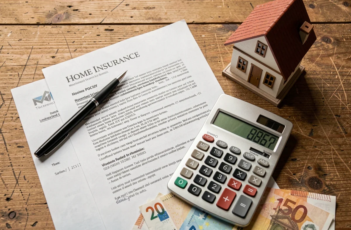 Vue aérienne d'un bureau avec contrat d'assurance habitation, calculatrice et billets en euros illustrant la hausse des tarifs