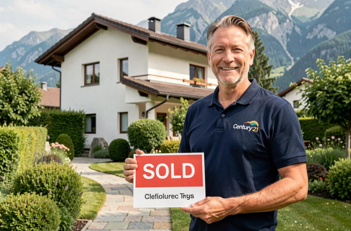 Agent Century 21 tenant un panneau vendu devant une maison résidentielle en banlieue d'Annecy avec les Alpes en fond