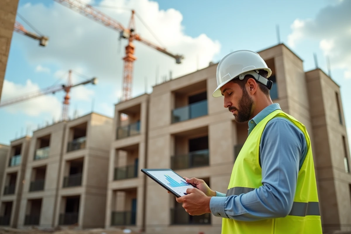 Promoteur immobilier devant un chantier de résidence neuve éligible loi Pinel à Bordeaux