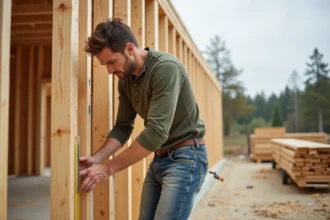 Charpentier mesurant une ossature bois sur un chantier de construction, structure en épicéa apparente avec copeaux de bois au sol
