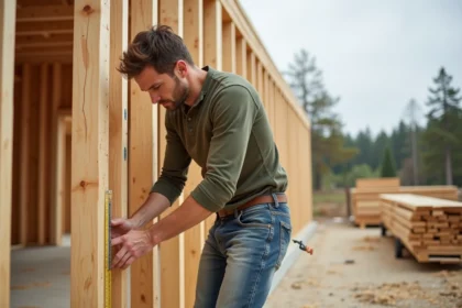Charpentier mesurant une ossature bois sur un chantier de construction, structure en épicéa apparente avec copeaux de bois au sol