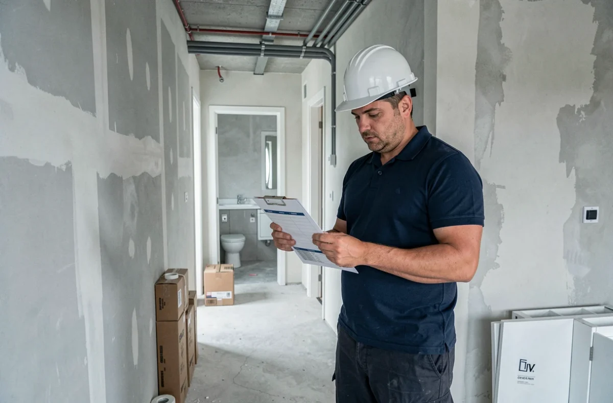 Chef de chantier examinant le planning de livraison d'un appartement neuf en cours de finition
