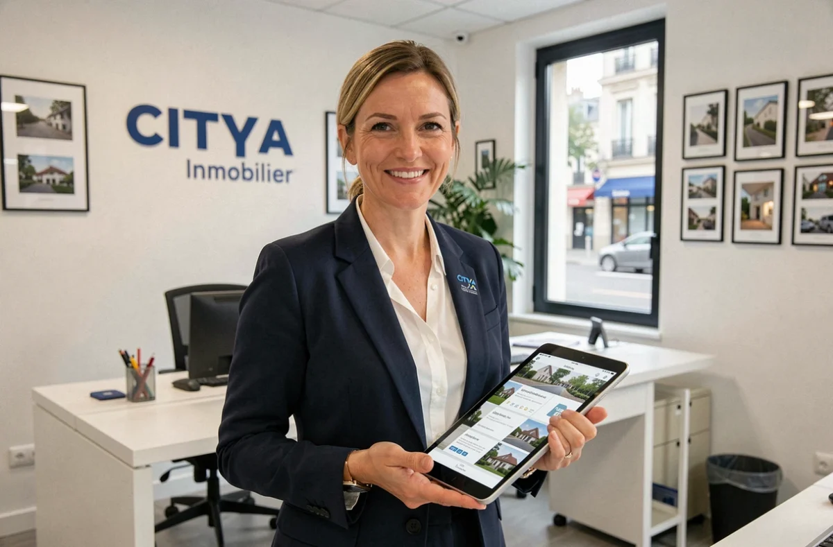 Agente immobilière de Citya Immobilier en Auvergne-Rhône-Alpes tenant une tablette avec des annonces dans un bureau professionnel brandé