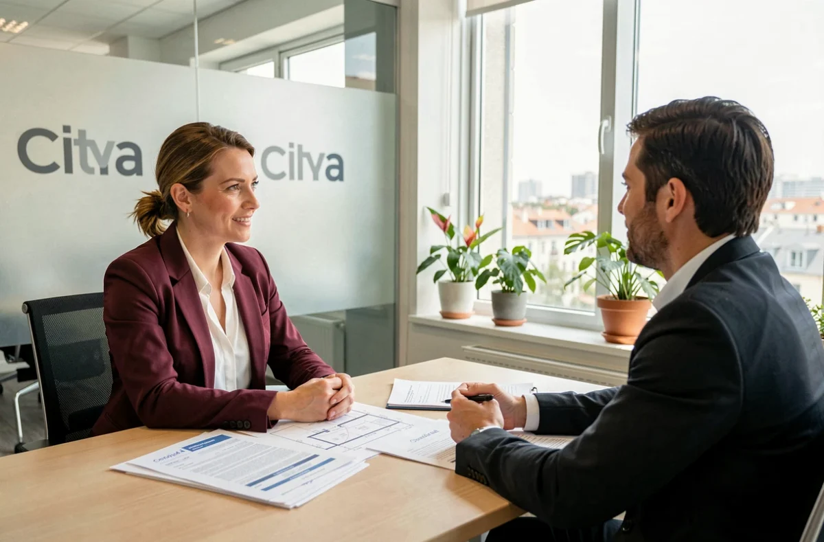 Une agente immobilière de Citya Immobilier La Rochelle en consultation avec des copropriétaires dans un bureau moderne