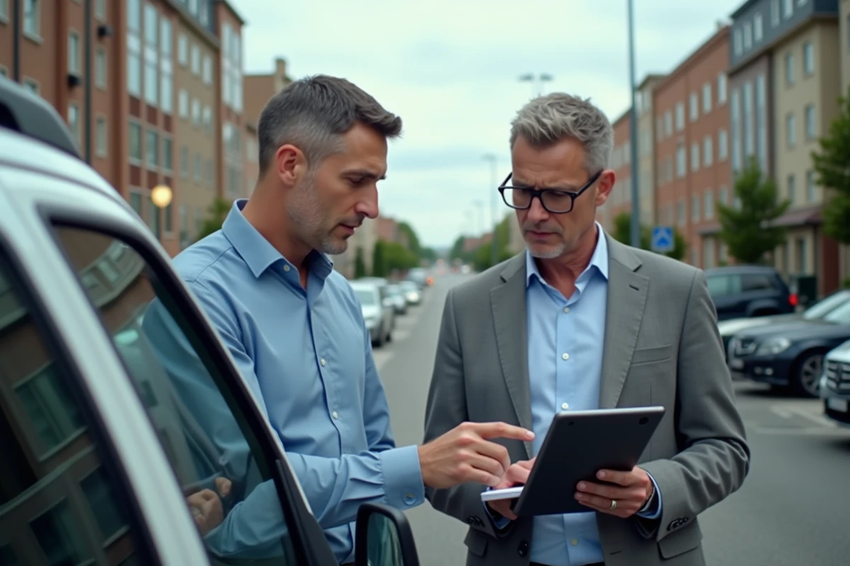 Deux professionnels terrain coordonnant une intervention grâce à une application mobile sur tablette près d'un véhicule professionnel