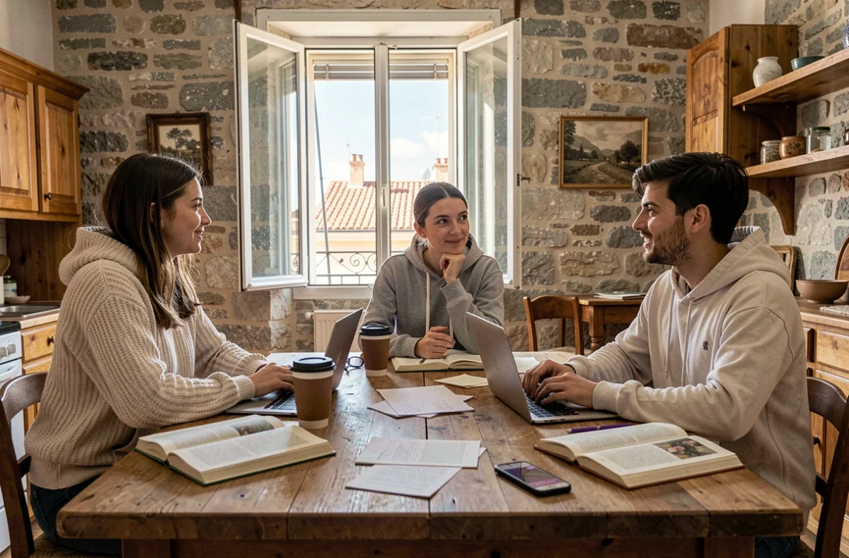 Trois colocataires étudiants travaillant ensemble autour d'une table en bois dans un appartement partagé à Marseille