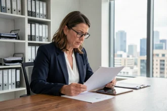 Femme professionnelle comparant des documents de syndics de copropriété dans un bureau moderne avec tablette numérique