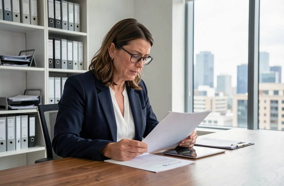 Femme professionnelle comparant des documents de syndics de copropriété dans un bureau moderne avec tablette numérique