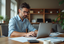 Taux d’imposition location meublée : comment calculer ? Homme comptable au bureau à domicile en tenue décontractée