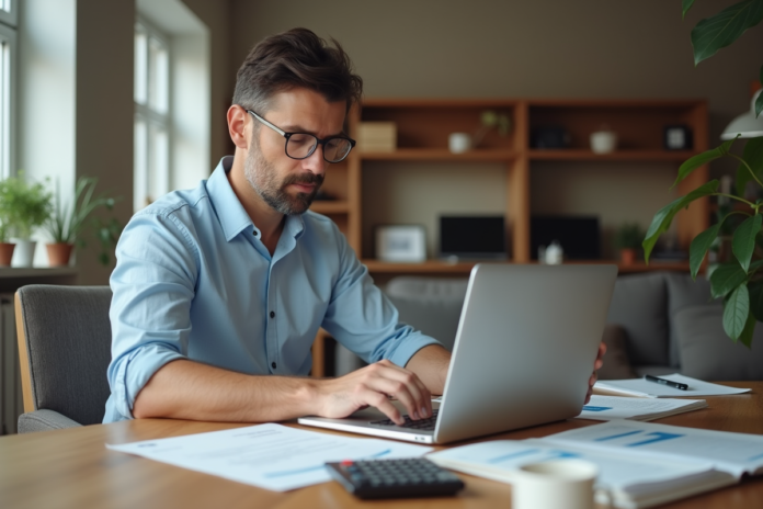 Homme comptable au bureau à domicile en tenue décontractée