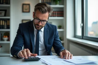 Comptable français en costume analysant des documents financiers