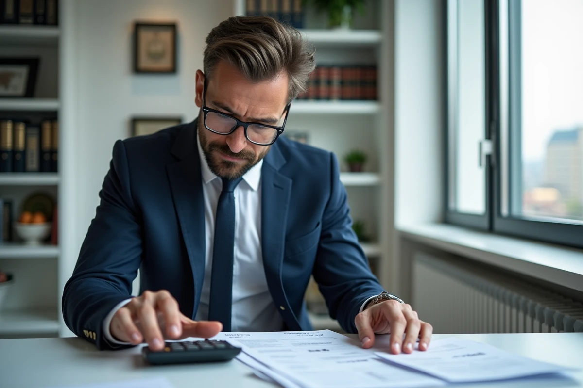 Comptable français en costume analysant des documents financiers