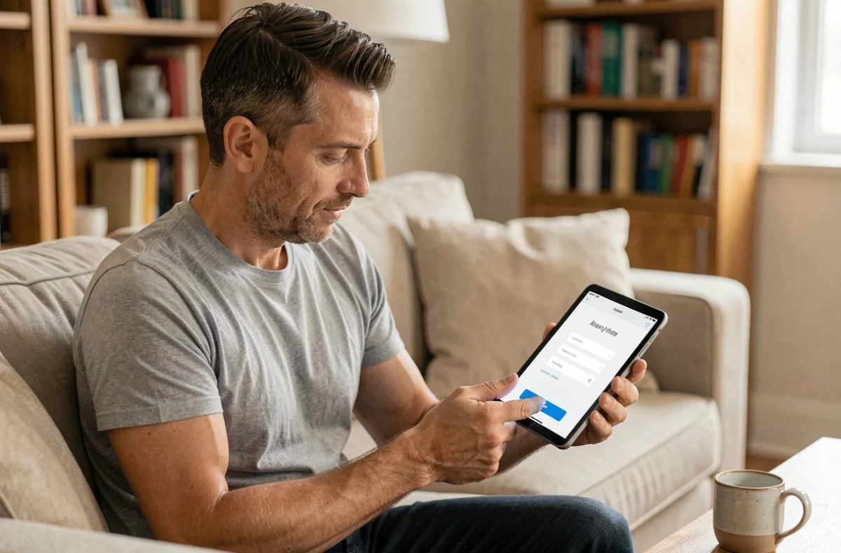 Père utilisant une tablette pour se connecter à son espace personnel sur le site Orchestra depuis son salon