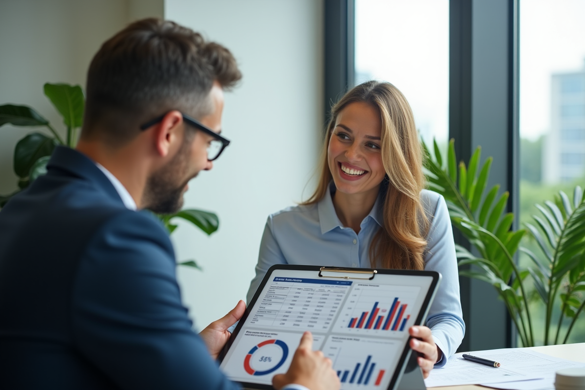 Conseiller financier montrant un rapport immobilier à un client souriant