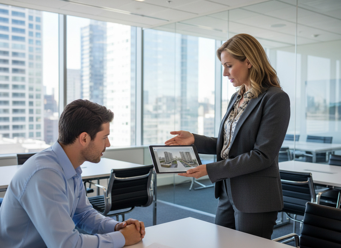 Conseillère immobilière expliquant une simulation sur tablette