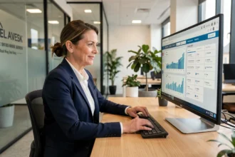 Conseillère immobilière IAD organisant son planning sur l'intranet depuis son bureau moderne