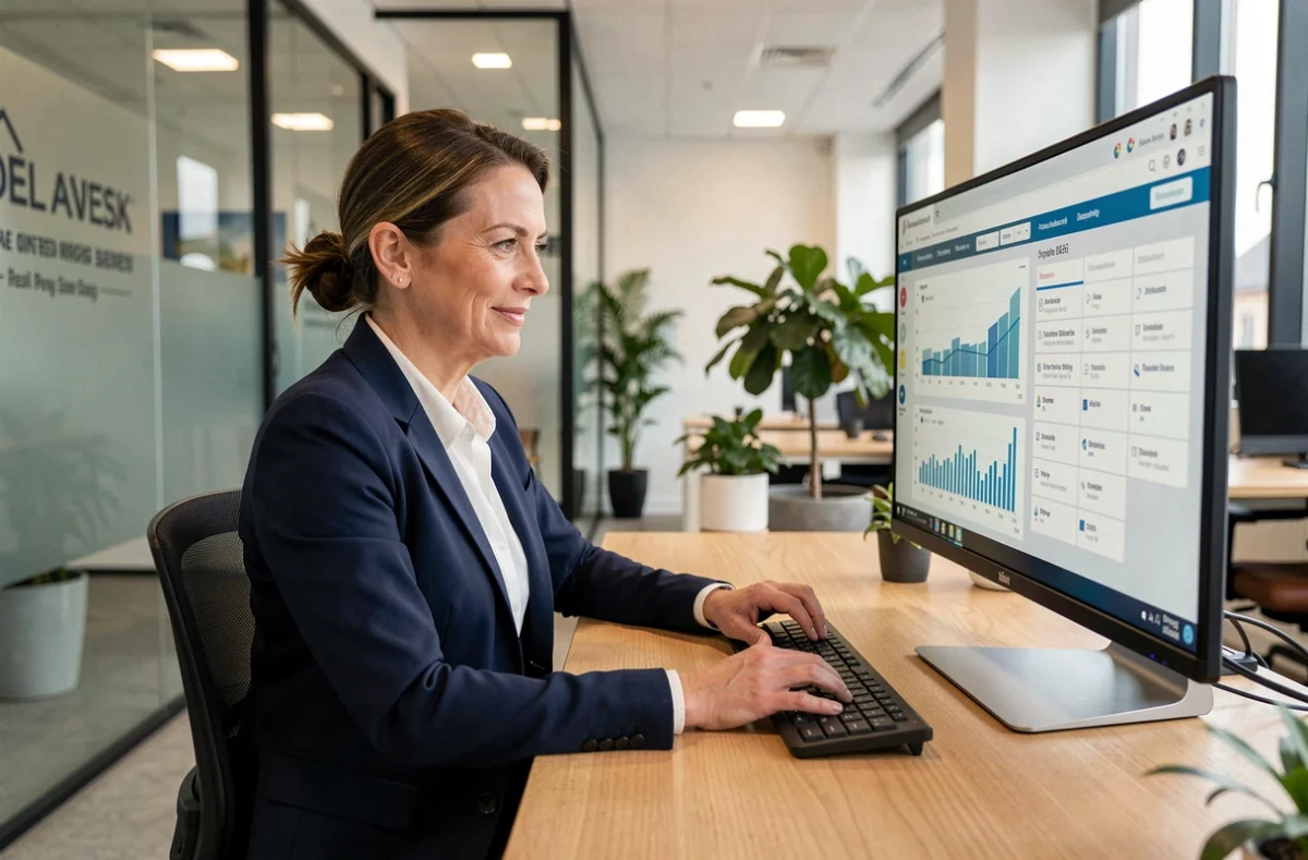 Conseillère immobilière IAD organisant son planning sur l'intranet depuis son bureau moderne