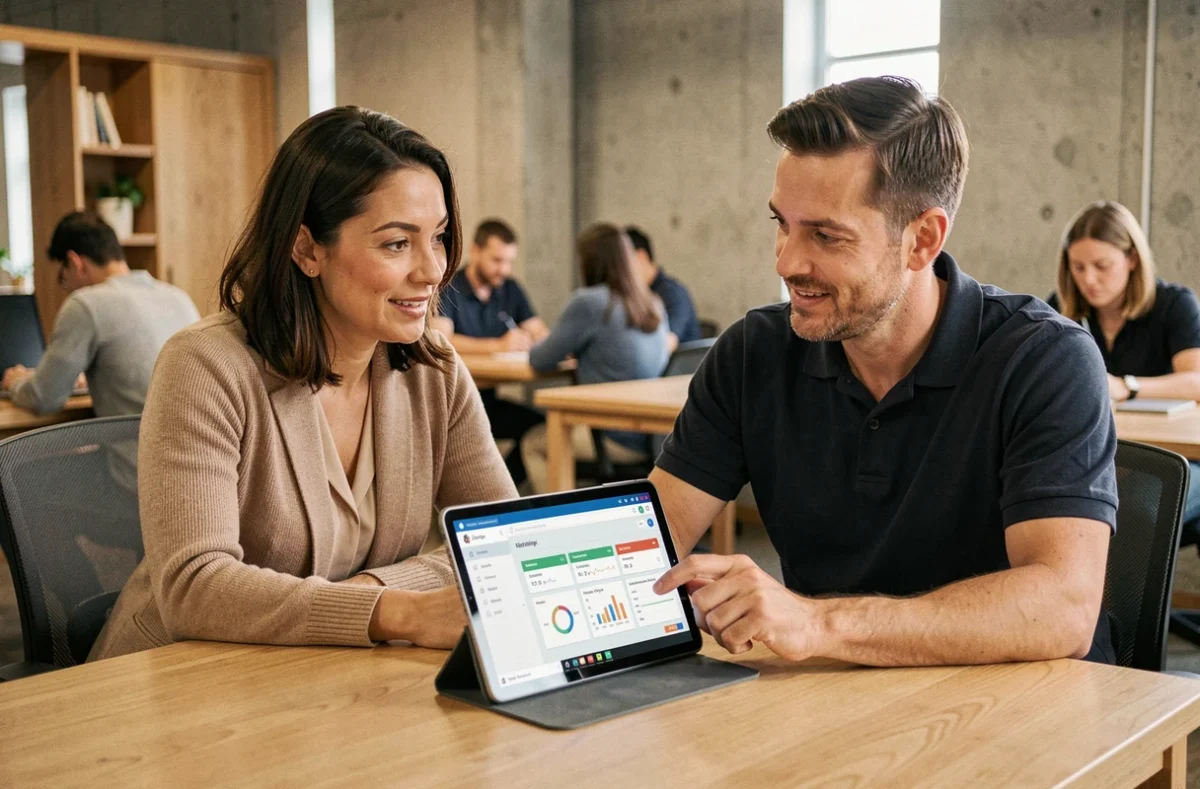 Deux conseillers IAD collaborant autour des outils intranet dans un espace de coworking moderne