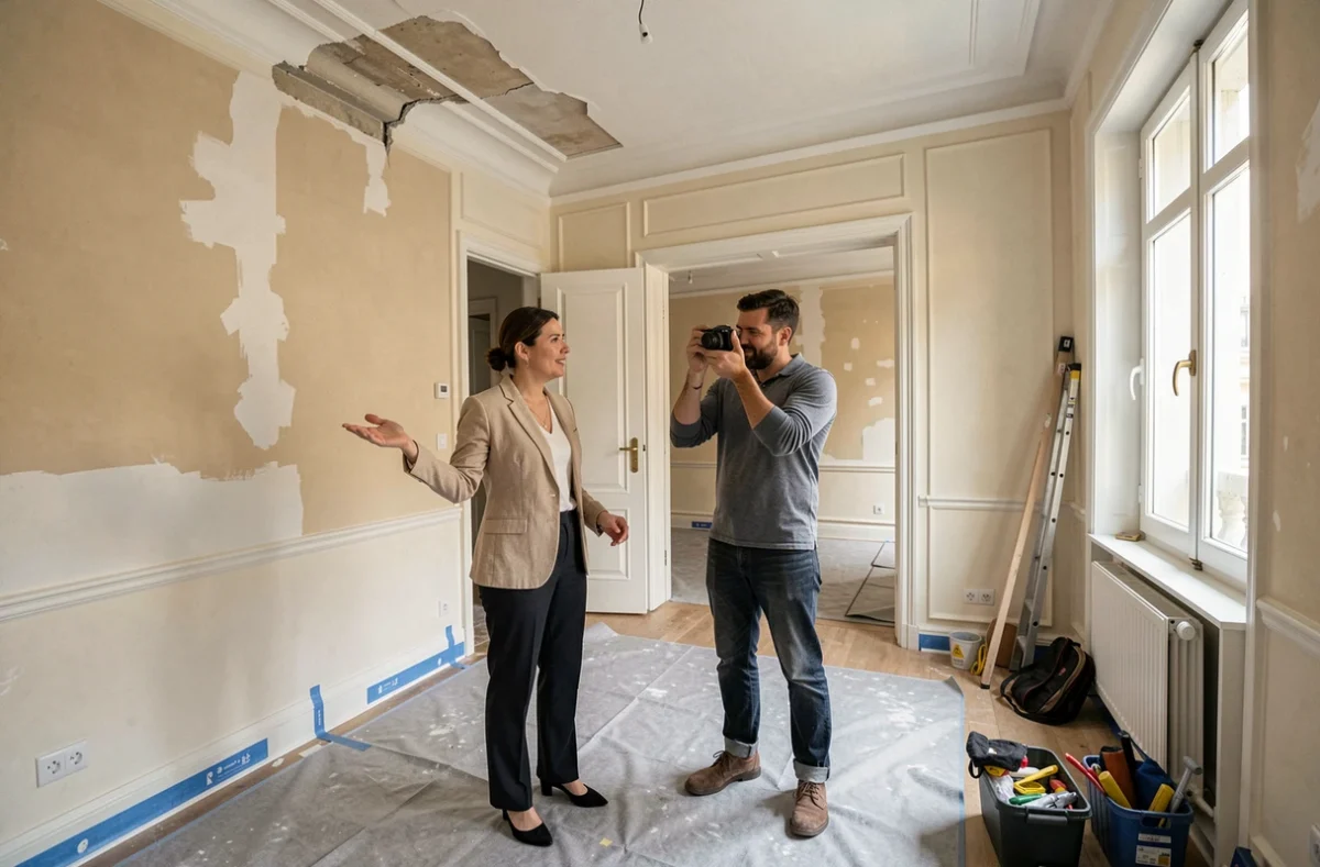 Propriétaire et professionnel documentant l'état d'un plafond endommagé avant rénovation en appartement